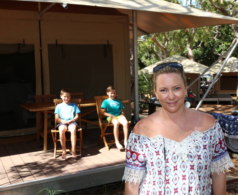 30 YEARS: Melanie Osborne pictured with her twin sons Slater and Ash, 8, has been a regular camper at Adder Rock for 30 years.