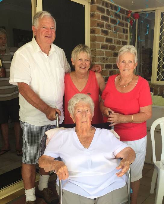 CELEBRATING: Betty Haken at her 100th birthday with Greg and nieces Jen and Sue Casben.
