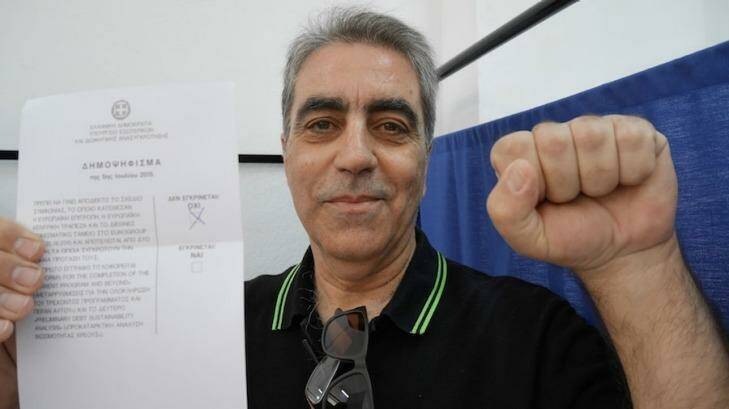 Billis Vaghelis, 59, votes 'Oxi' ('No') in the Athens suburb of Cholargos during the Greece EU bailout referendum. Photo: Nick Miller