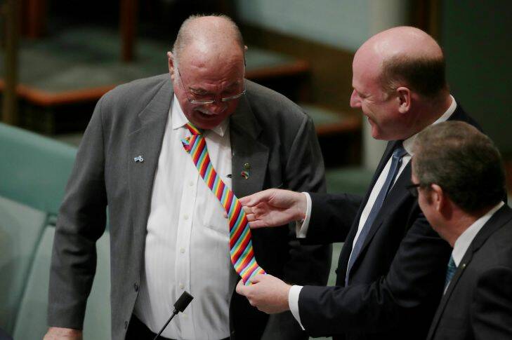 Liberal MP Trent Zimmerman looks at Warren Entsch's rainbow tie in the House of Representatives at Parliament House in Canberra on Monday 4 December 2017. fedpol Photo: Alex Ellinghausen