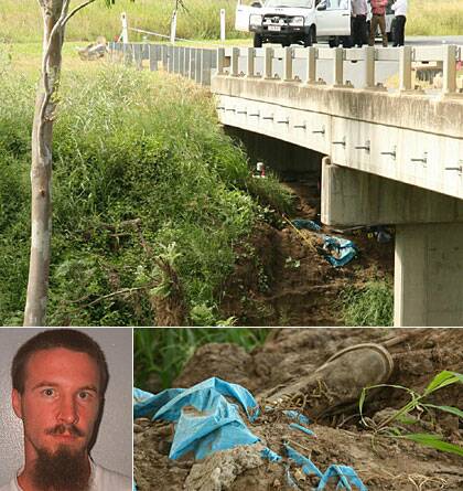 The crime scene (top) where fishermen found the shallow grave (below right) of Darren Britza.