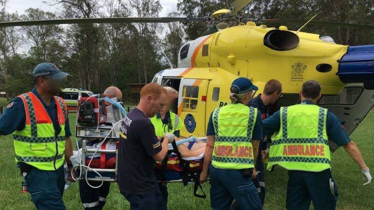 A man in his mid-50s was left in a critical condition after his motorbike hit a guard rail at Mooloolah Valley on Saturday. Photo: RACQ LifeFlight Rescue