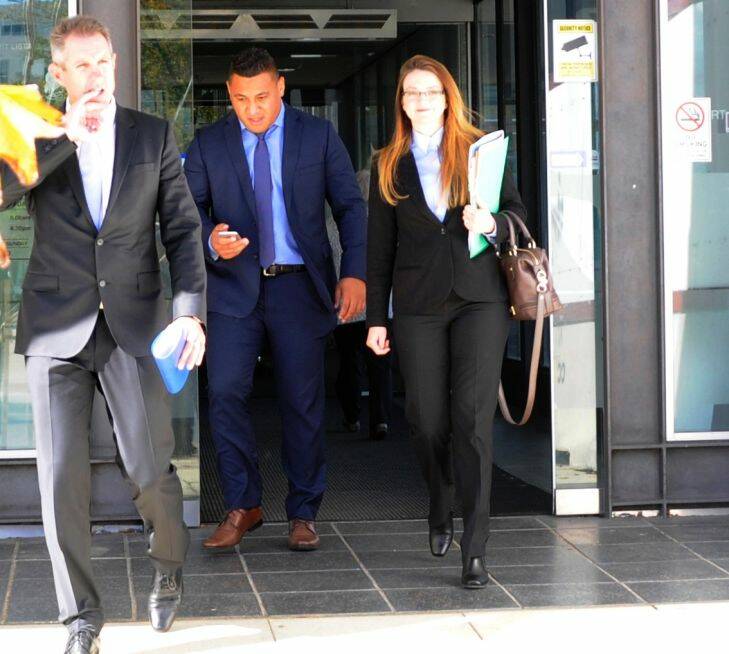 Canberra Raider Josh Papalii, centre, leaves the ACT Magistrates Court on Thursday, April 27, 2017 after pleading guilty to drink driving. Left is Raiders chief executive Don Furner. Right is his lawyer. Photo: Megan Gorrey