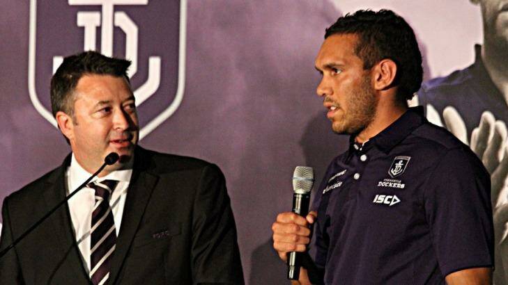 Harley Bennell speaks at Fremantle's AGM on Wednesday night.
