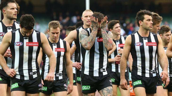 MELBOURNE, AUSTRALIA - AUGUST 01:  The Magpies look dejected after losing the round 18 AFL match between the Collingwood Magpies and the Melbourne Demons at Melbourne Cricket Ground on August 1, 2015 in Melbourne, Australia.  (Photo by Quinn Rooney/Getty Images) Photo: Quinn Rooney