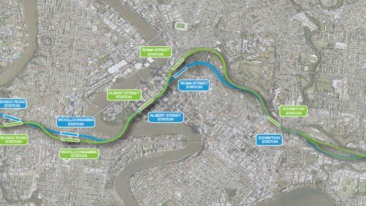 2017 changes to Cross River Rail are shown in green from the original business case shown in blue. Photo: Supplied