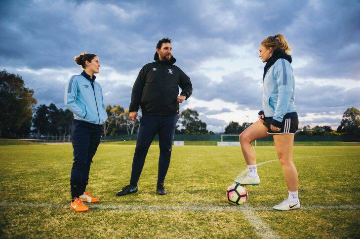 Belconnen United Coach Antoni Jagarinec with players Katie Woodman and Michaela Day