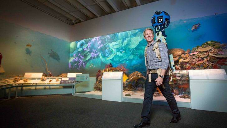 A Google employee walks through Queensland Museum capturing images with an 118-kilogram backpack crammed with 15 cameras. Photo: Supplied