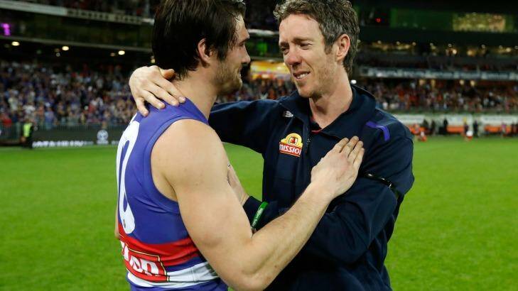 The tears flow as Easton Wood and Bob Murphy of the Bulldogs celebrate after the preliminary final win. Photo: AFL Media/Getty Images