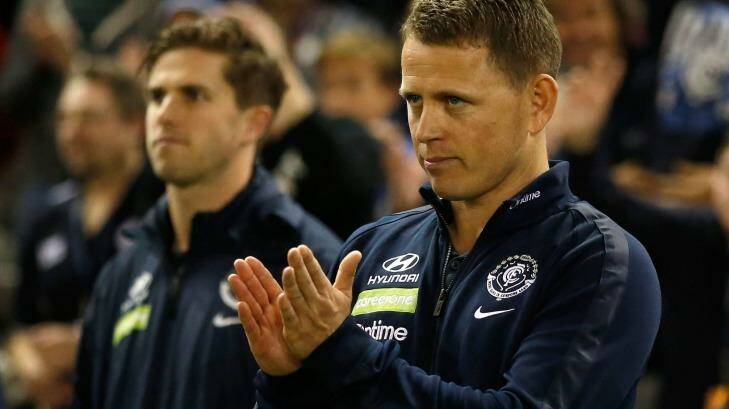 Carlton coach Brendon Bolton after the Blues' win on Sunday. Photo: Michael Willson/AFL Media