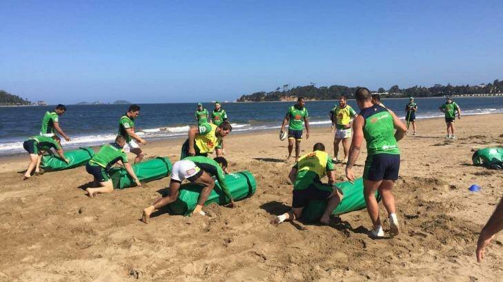 The Canberra Raiders train at Batemans Bay last week to fine-tune their tackling technique. Photo: Supplied