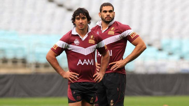 Johnathan Thurston and Greg Inglis in training with the Queensland Maroons in 2012. Photo: Brendan Esposito