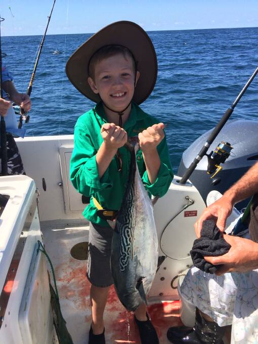 Sam Ryan with a 8.5kg tuna caught off Main Beach using a live slimy mackerel he caught earlier.