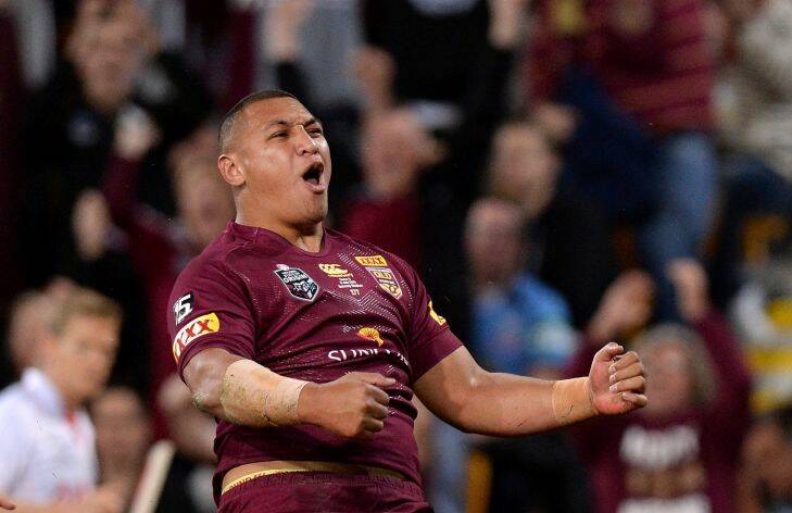 BRISBANE, AUSTRALIA - JULY 08:  Josh Papalii of the Maroons celebrates scoring a try during game three of the State of Origin series between the Queensland Maroons and the New South Wales Blues at Suncorp Stadium on July 8, 2015 in Brisbane, Australia.  (Photo by Bradley Kanaris/Getty Images)