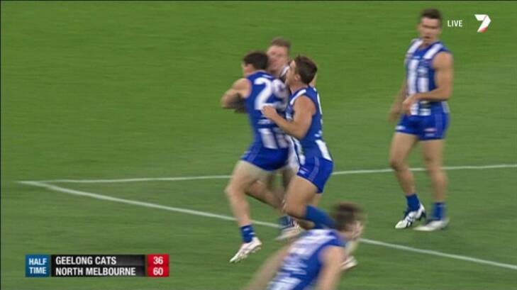 Brent Harvey could be on the sidelines again following this clash with Joel Selwood. Photo: Channel Seven