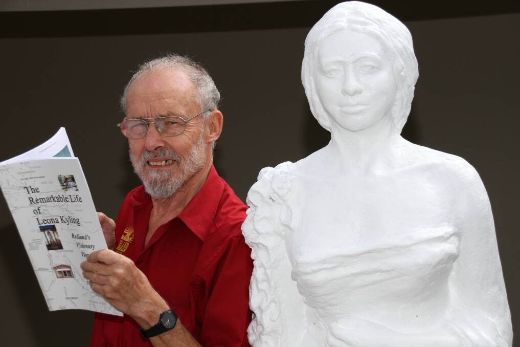 ON THE RECORD: Lake Sherrin resident Mick Bright has written a book that documents the life of community visionary, the late Violet Leona Kyling. Mick is pictured with a statue that Mrs Kyling herself sculpted.