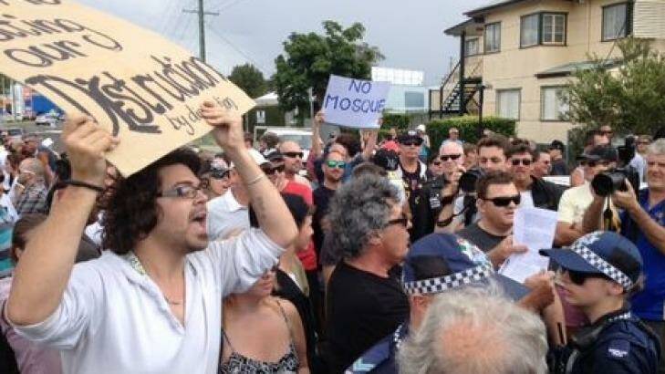 Police were forced to close streets as Mosque protesters clashed on the Sunshine Coast. Photo: Mark Furler