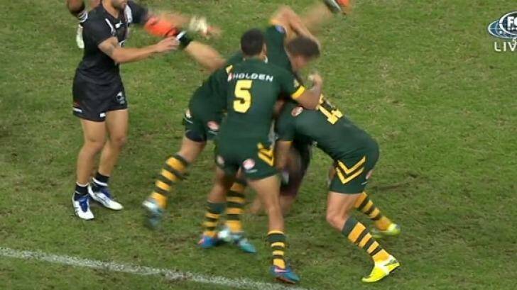 Over and out: Greg Bird dumps Jason Nightingale during the Anzac Test. Photo: FoxSports
