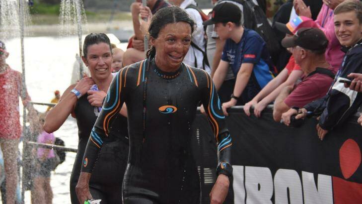 Turia Pitt on the swim leg of the Port Macquarie Ironman competition. Photo: Peter Gleeson
