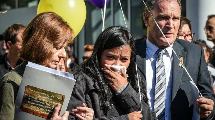 Febyanti Herewila, wife of Andrew Chan at the funeral for her husband in Sydney last year.  Photo: Brendan Esposito