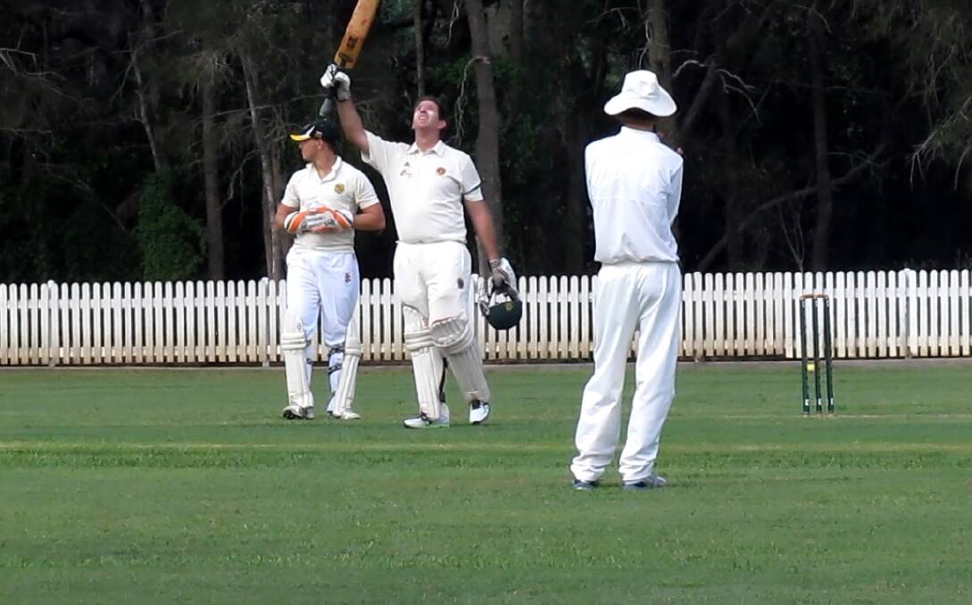 Redlands 6th grade player Michael Dwyer raises his bat as he scores 100 and remembers Paul Hutchison at the same time. Michael went on to score 151 not out to put Redlands in a strong position against Wynnum.
Photo by Dominic Cassell