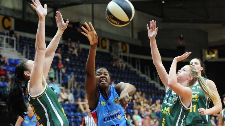 Canberra Capitals  player Denesha  Stallworth fights for a loose ball against Dandenong last week.  Photo: Melissa Adams