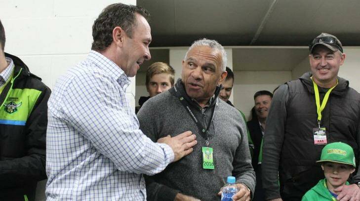 John Chicka Ferguson in the Canberra Raiders sheds with coach Ricky Stuart Photo: act\daniel.briggs