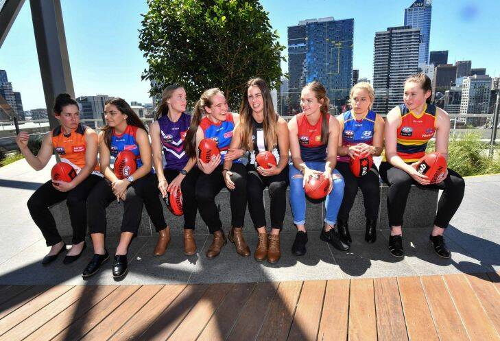 AFLW top 8 draft picks-Jodie Hicks-Giants, Monique Conti- Bulldogs,Stephanie Cain - Dockers Isabelle Huntington- Bulldogs, Chloe Molloy- Collingwood,Eden Zanker- Melbourne, Jordan Zanchetta- Lions and Jess Allen- Crows. 18th October 2017. The Age Fairfaxmedia News Picture by JOE ARMAO