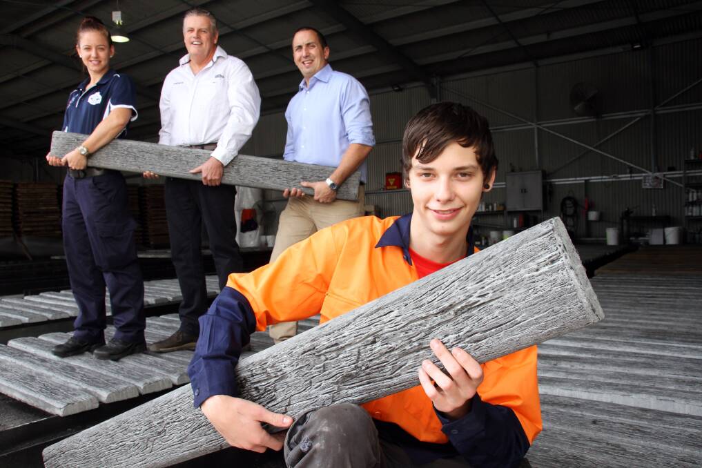 Taite Stephen, 16, landed a job at Aussie Concrete Products, Capalaba, with the help of Senior Constable Jess Hopkin - Project Booyah co-ordinator Capalba, Aussie Concrete Products owner Andrew Taylor and Capalaba MP Don Brown. 
Photo by Chris McCormack
