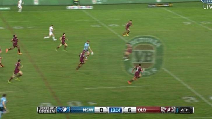 On the boot: Dugan chips towards the corner flag. Photo: Channel Nine