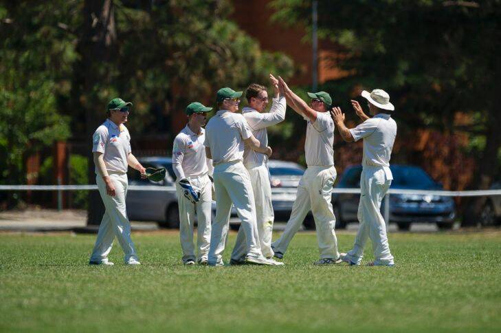 Cricket ACT Douglas Cup Eastlake Vs Weston Creek Molonglo. Robbie Trickett and team celebrate after a catch. Photo: Dion Georgopoulos