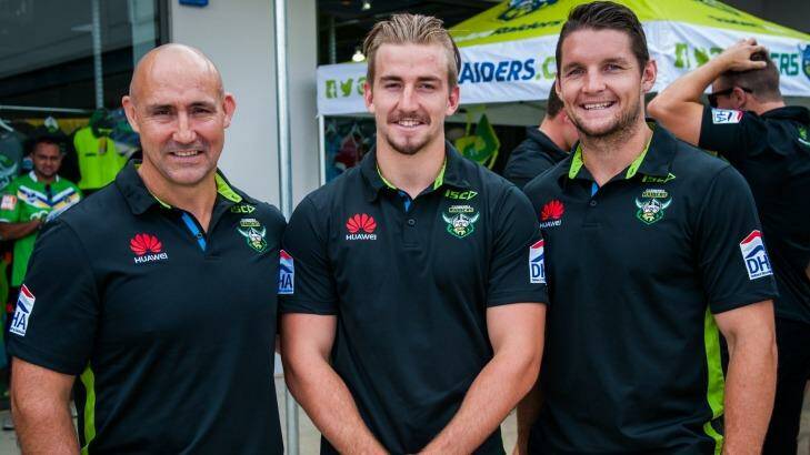 Raiders legend Jason Croker, left, with his nephew Lachlan Croker and captain Jarrod Croker (no relation). All three are playing for the Raiders at the Auckland Nines. Photo: Elesa Kurtz