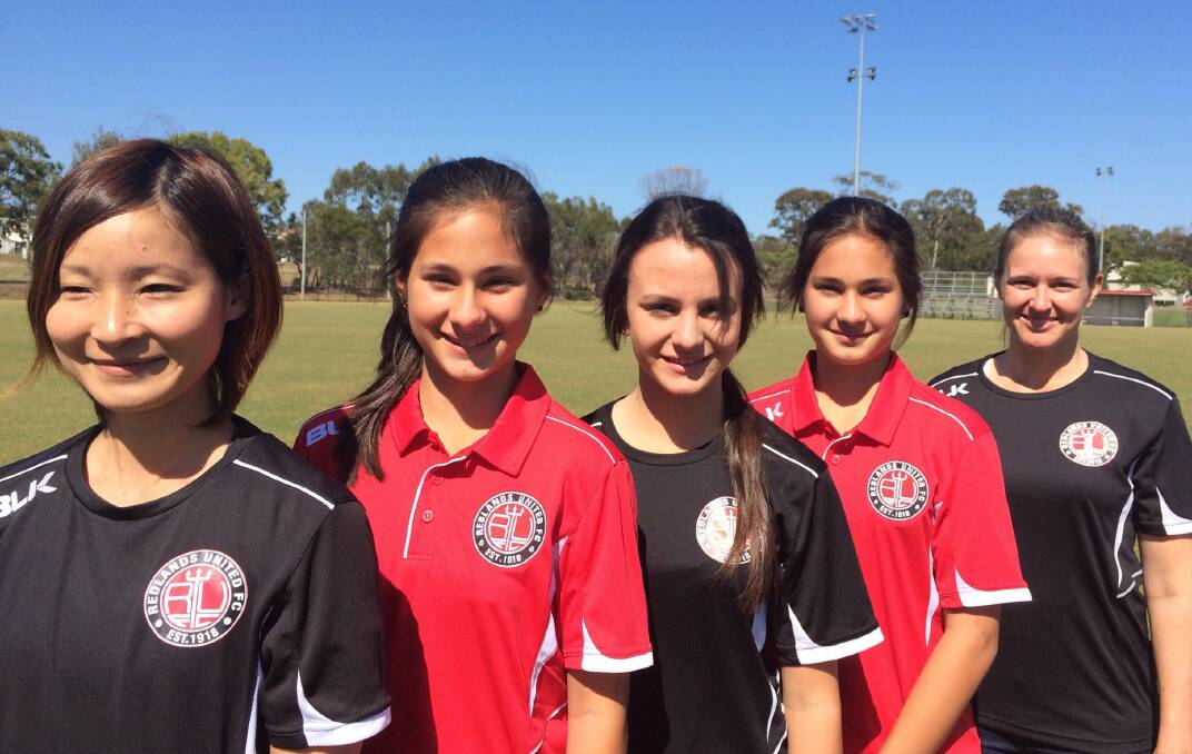 Redlands United Football Club players, from left, Sachiko Tatsuko (women s first team), Jordi Moorman (Under 13), Monique Burton (Under 13), Bianca Moorman (Under 13) and Joanne Buckley (women s first team) are delighted that their club will compete in the inaugural 2015 PlayStation 4 NPL Queensland Girls and Women s Competition.