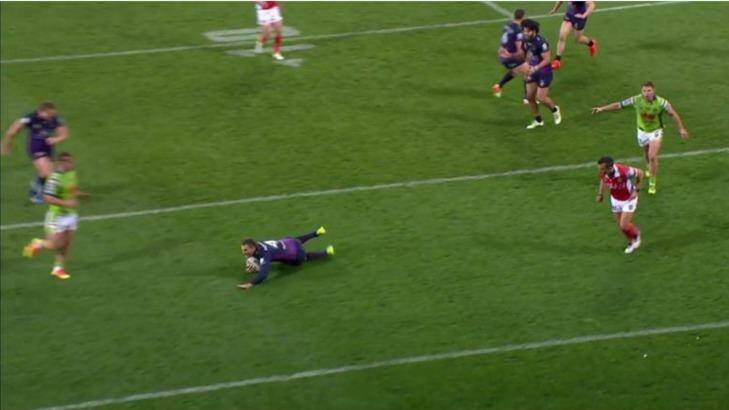 Picture 1: Cheyse Blair crosses to score for the Storm and is clearly some metres infield from the 'tram track', which is visible at the top right of screen. Photo: Fox Sports