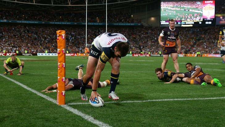 The try by Cowboys centre Kyle Feldt in the dying seconds of last year's NRL grand final that led to extra time. Photo: Cameron Spencer