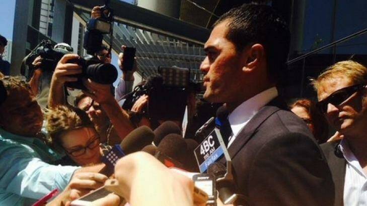 Karmichael Hunt fronts the media after emerging from court. Photo: Kim Stephens