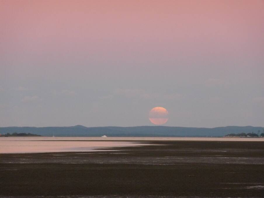 A super full moon rises over the bay at Wynnum. This Saturday will bring the first super full moon for 2014 when the moon becomes full at the same time it makes its closest approach to Earth this lunar month, making the moon look bigger and brighter than usual. Photo by Lyn Uhlmann