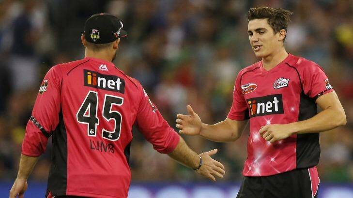 In form: Sean Abbott celebrates taking a wicket against the Stars. Photo: Darrian Traynor
