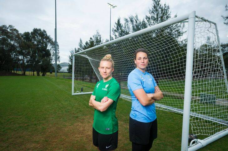 International soccer players Laura Bassett and Haley Kopmeye. Photo: Dion Georgopoulos
