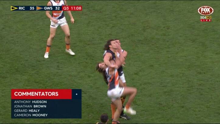 Richmond's Ivan Maric was reported for striking GWS' Jack Steele in this ruck contest. Photo: Fox Footy