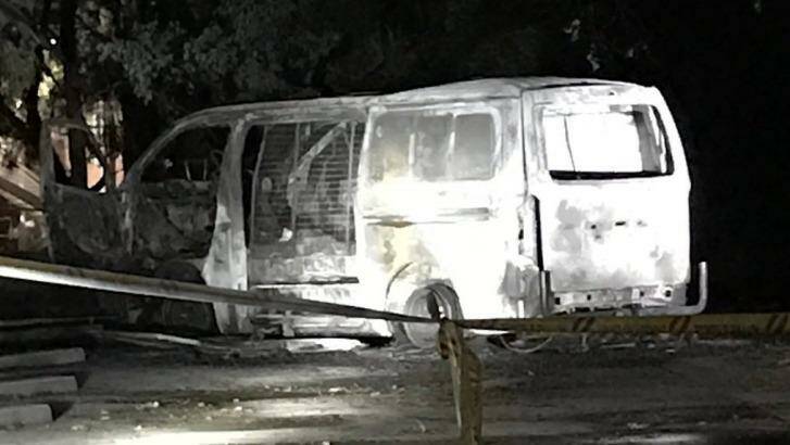 A picture of the van that drove into the ACL's headquarters and exploded in Canberra. Photo: Twitter/@LyleShelton
