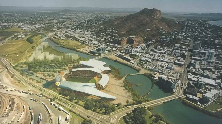 An artist's depiction of the promised Townsville Stadium and surrounding precinct. Photo: Amy Remeikis