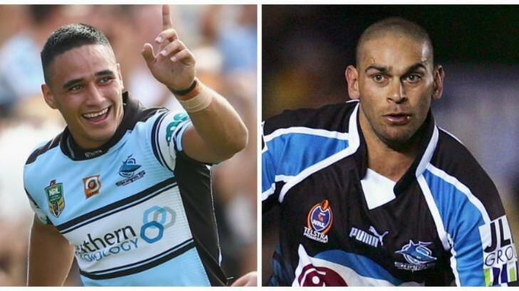 On target: Valentine Holmes, left, could top David Peachey's season record at Cronulla.