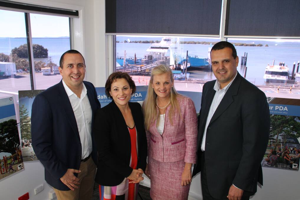 
Deputy premier Jackie Trad, second from left, with Redland mayor Karen Williams, Capalaba MP Don Brown, left, and Walker Corporation's Peter Saba at the Toondah Harbour ferry terminal where the state plans a $1.3 billion overhaul.  
Photo by Chris McCormack