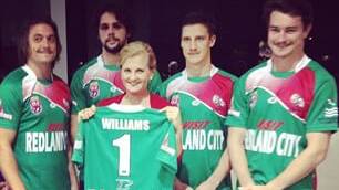 WM-RC season launch with Mayor Karen Williams showing off the back of the jersey with her name on it. 