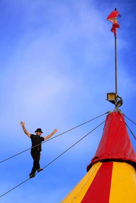 June 4 - Highwire hanger Ashley Bropher takes to the wire between the two masts of the Hudsons big top at Cleveland Showgrounds. Season currently running. Photo by Stephen Archer. 