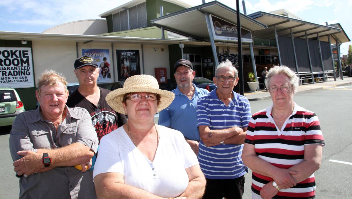 Concerned residents regarding the proposed extended trading hours of the Victoria Point Tavern, from left, Ray Dunn, Martin Sealy, Maria Sealy, Clarence Cooke,  George Speight and Dorn Sullivan.
Photo by Chris McCormack