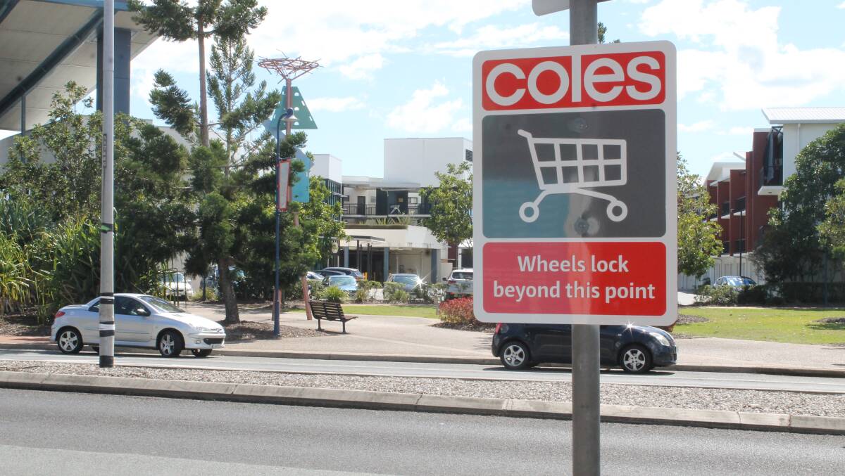An underground electronic cable has been placed around the Stockland precinct to stop Coles trolleys from going outside the shopping centre area. PHOTO: Judith Kerr 