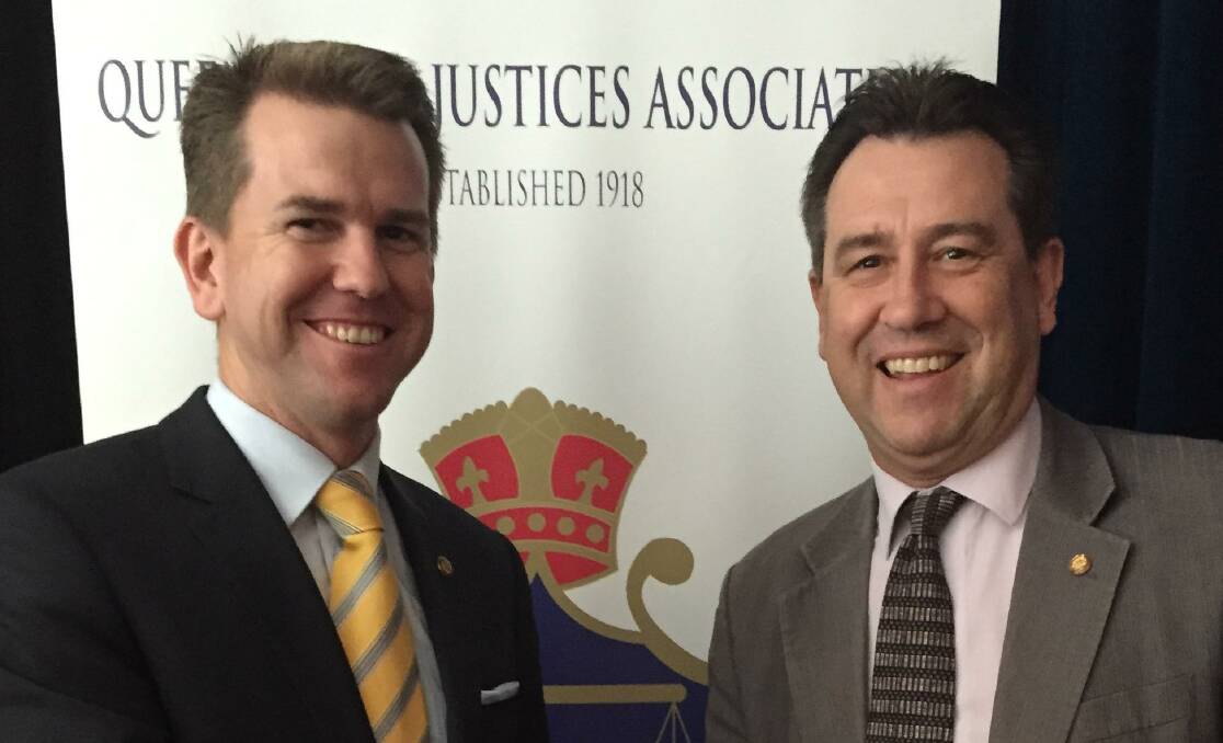 Queensland Attorney-General Jarrod Bleijie with Cleveland MP Mark Robinson at the annual Justices of the Peace Conference at Redlands Sporting Club. 