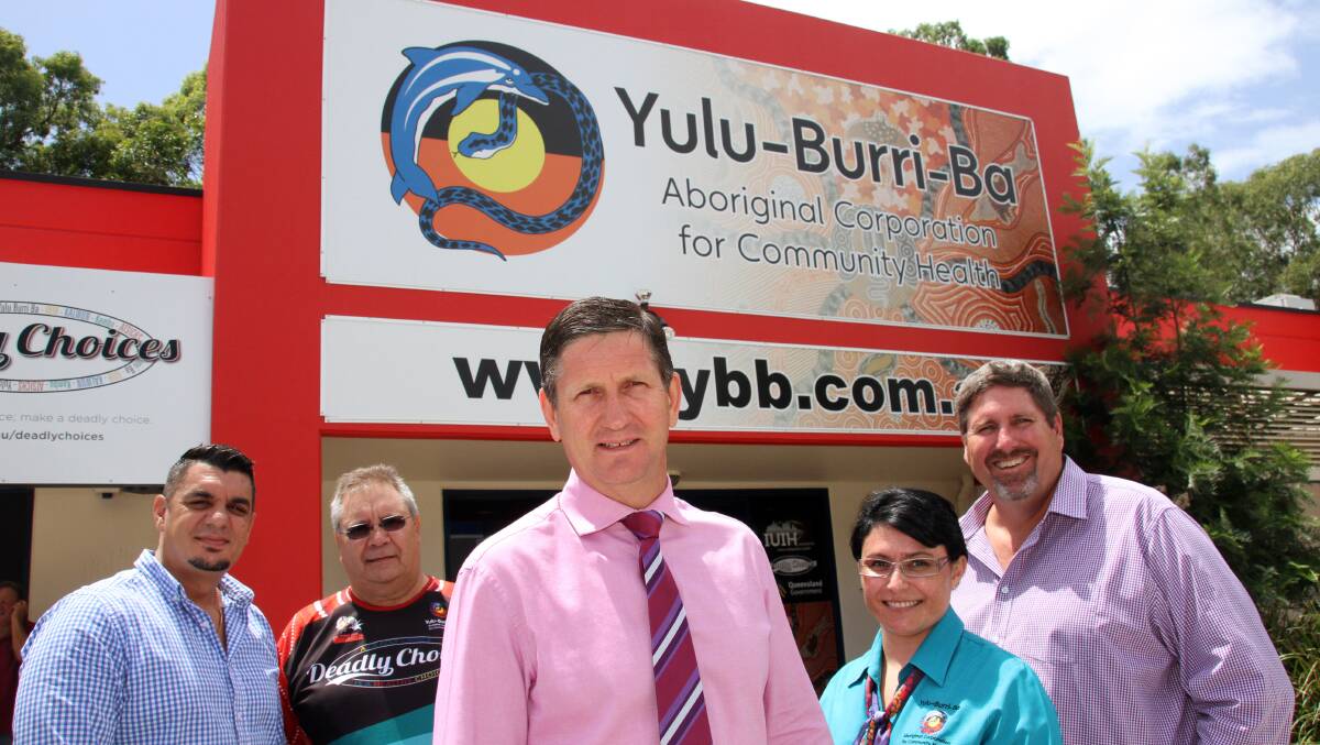 Health Minister Lawrence Springborg, with, from left, Institute for Urban Indigenous Health CEO Adrian Carson, Yulu-Burri-Ba CEO David Collins, practice manager Lavarna Young and Capalaba MP Steve Davies. PHOTO: Chris McCormack